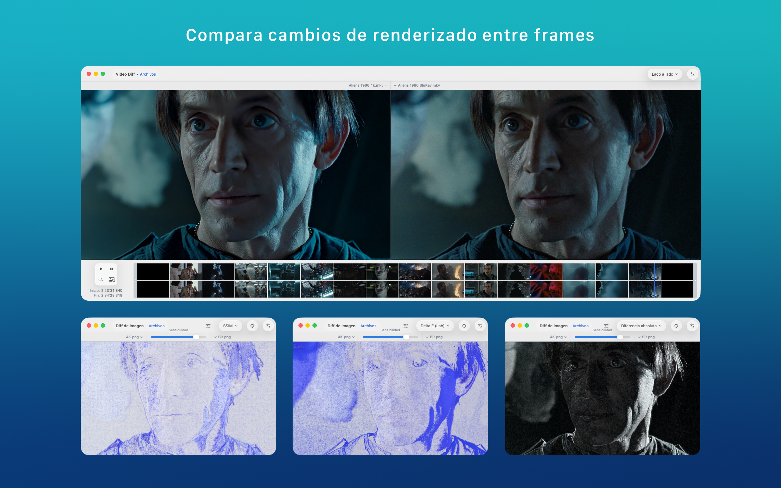 Vista de comparación de vídeo de ABDiff en macOS