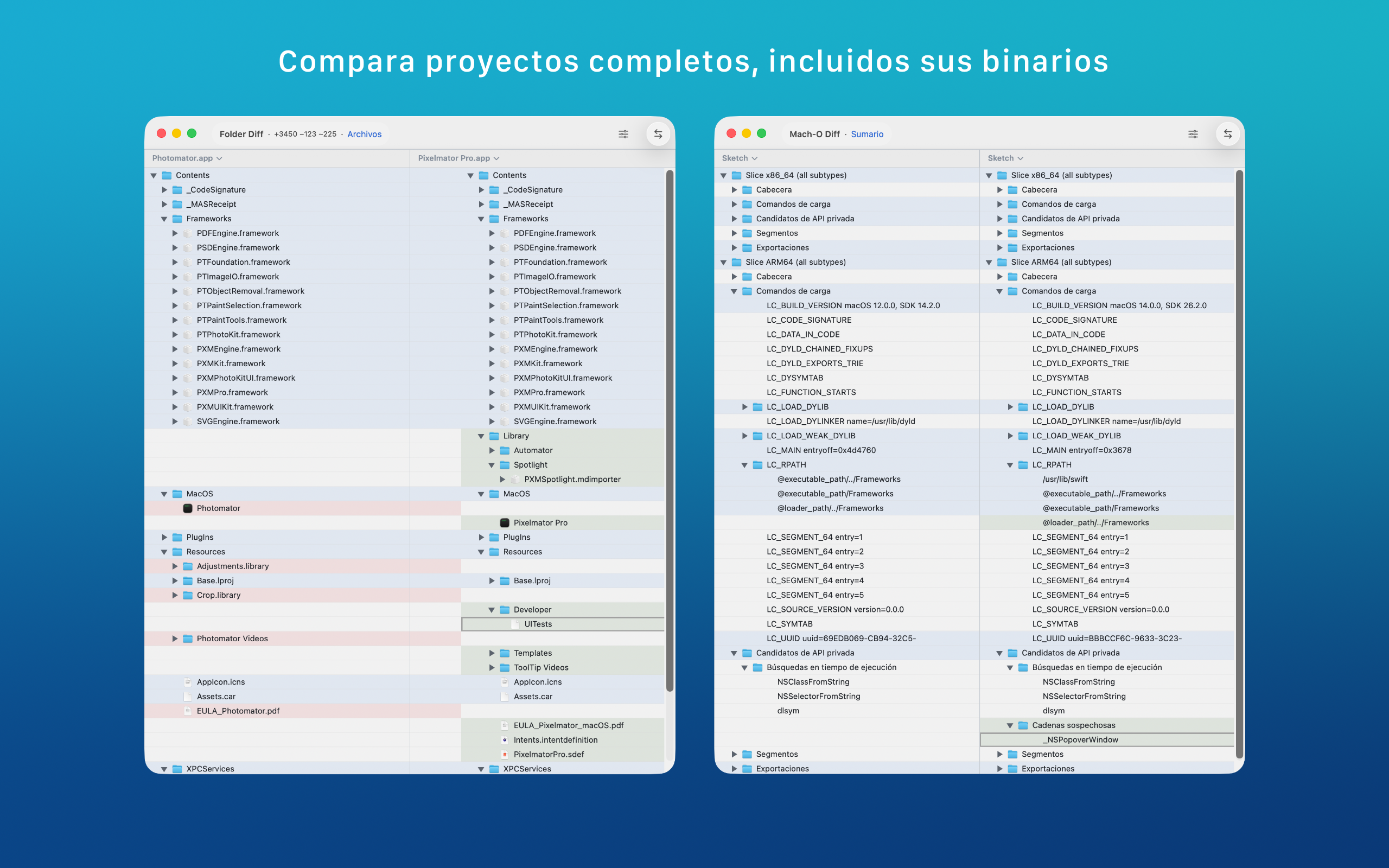 Vista de comparación de carpetas de ABDiff en macOS