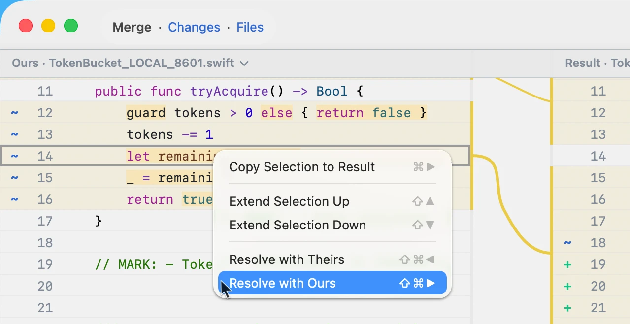 ABDiff right-click merge actions on macOS