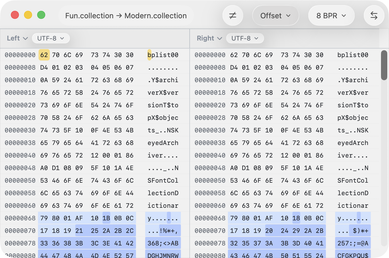 Hex-Vergleich mit Versatz-Ausrichtung und 8 Bytes pro Zeile