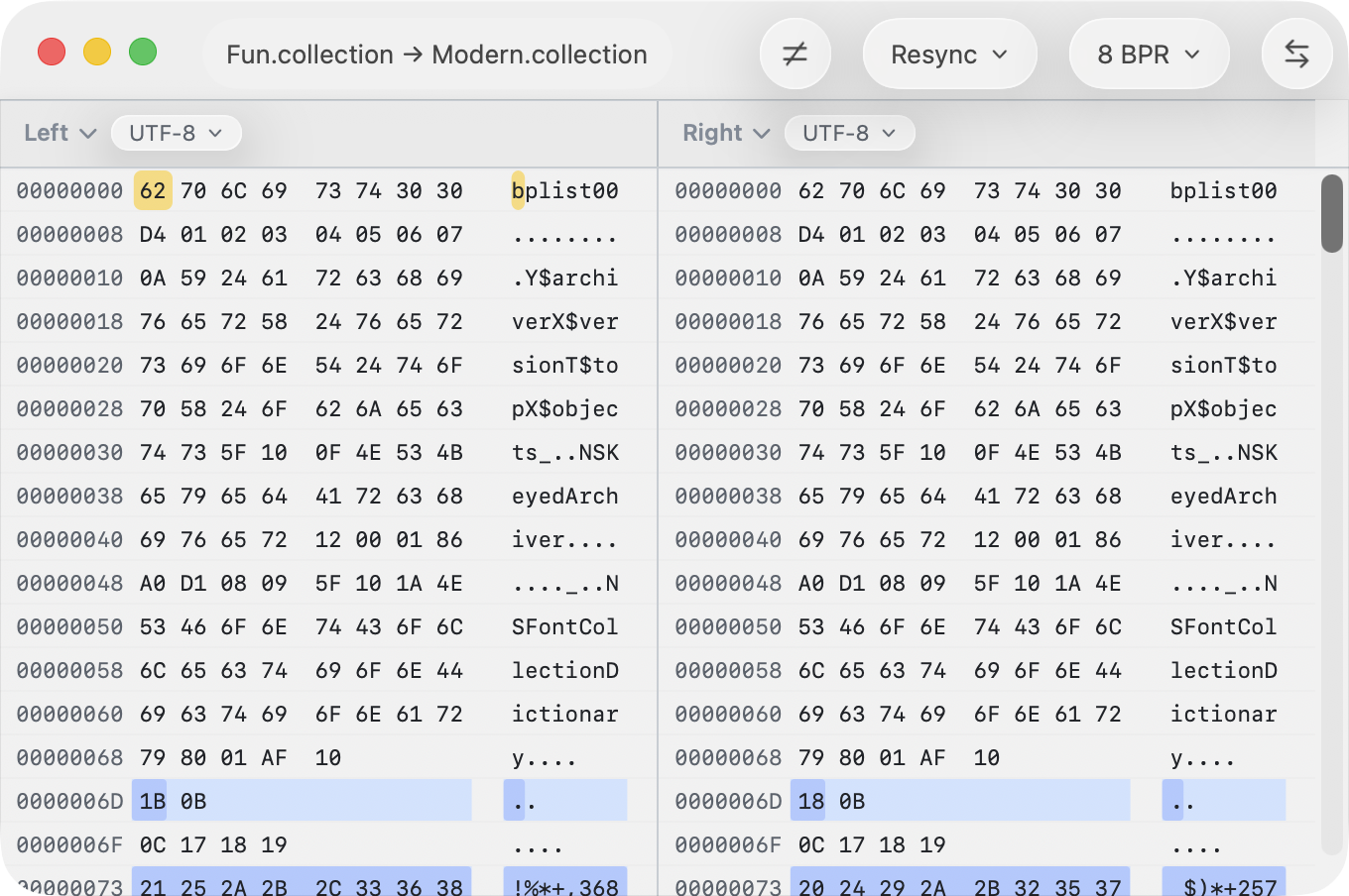 Hex-Vergleich mit erneuter Synchronisierung und 8 Bytes pro Zeile