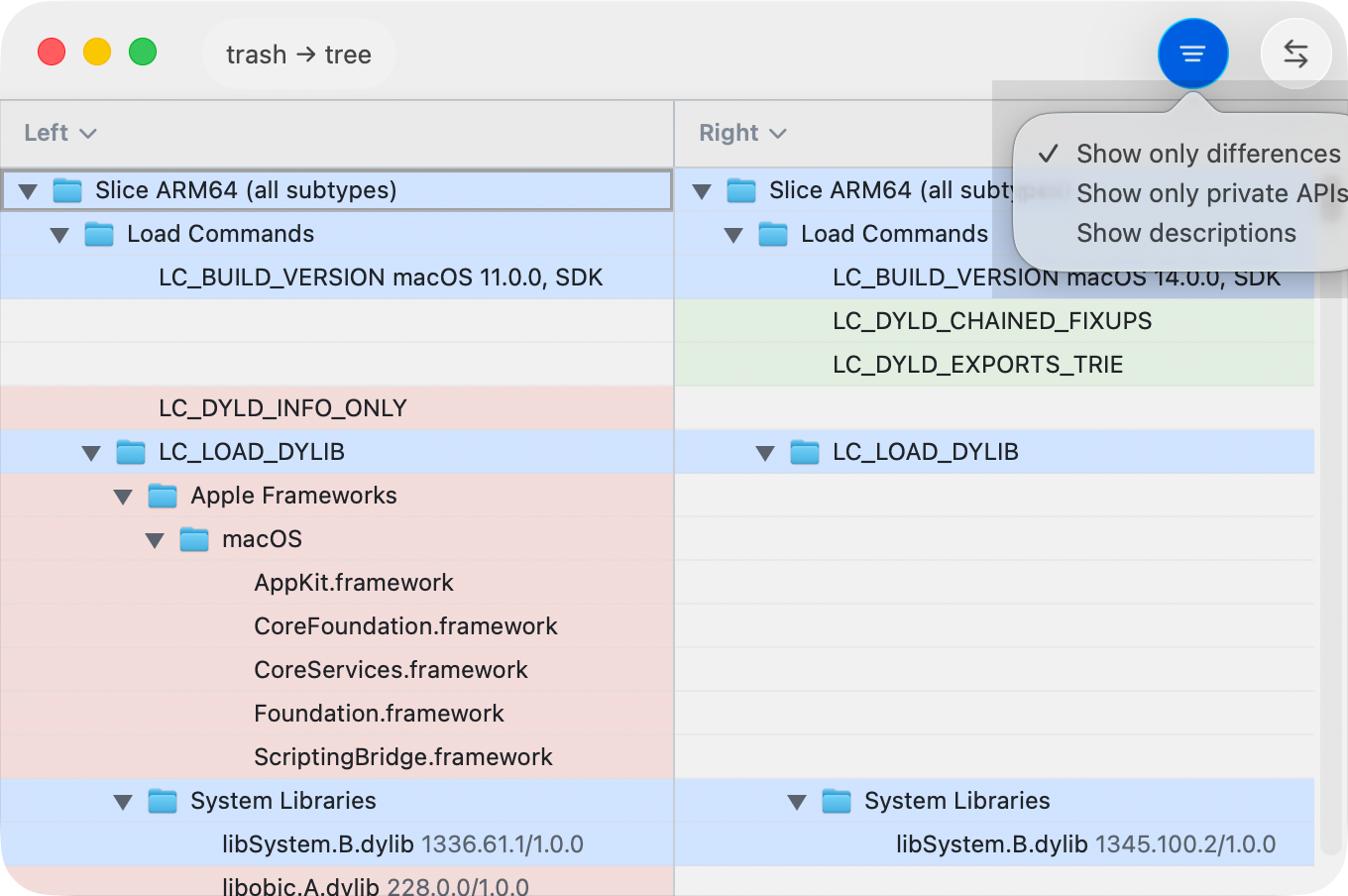 ABDiff Mach-O comparison view on macOS