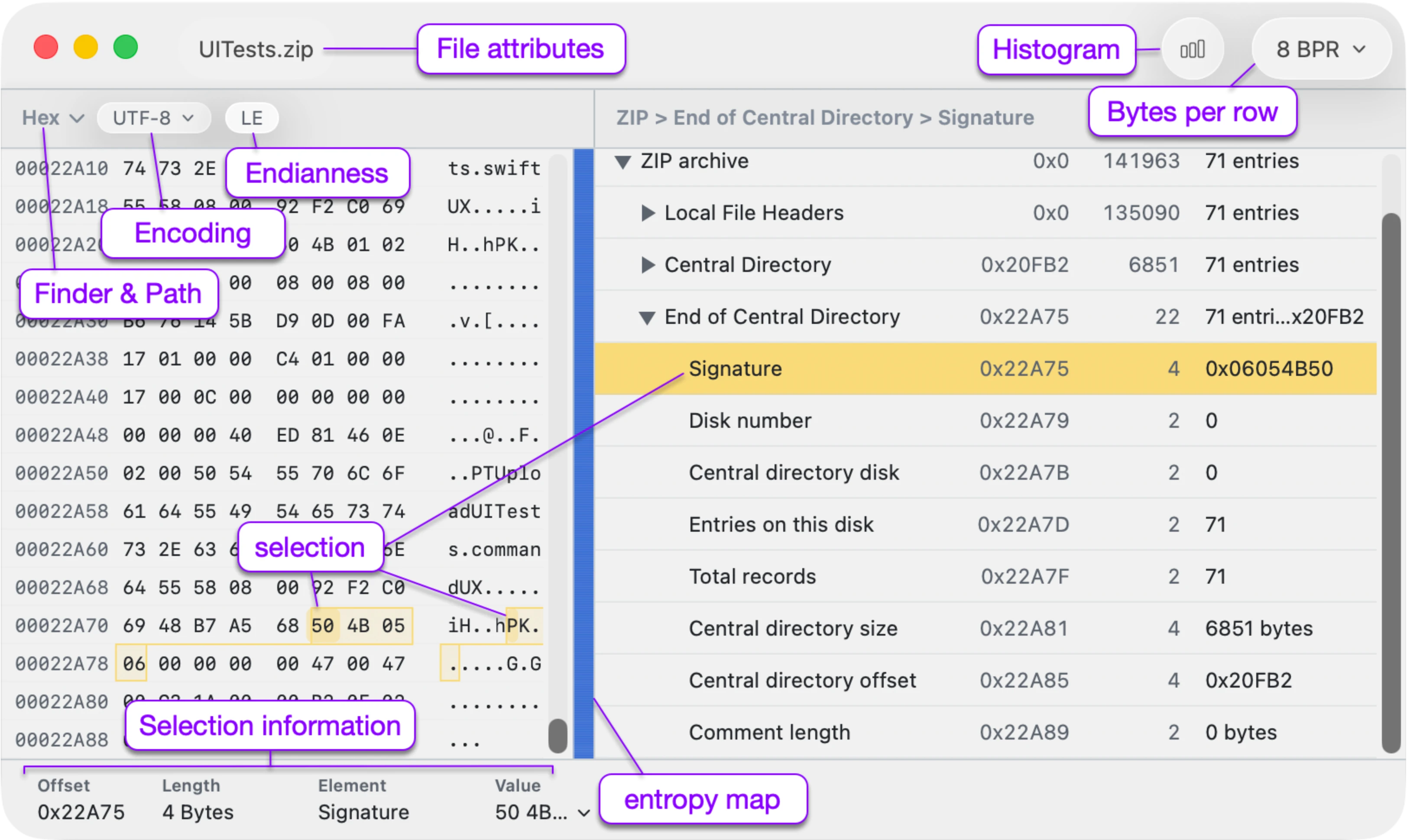 Eigenständiger Hex-Viewer mit Rohbytes und geparstem Strukturbaum